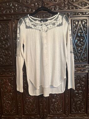ANGL Cream Sheer Yoke Floral Embroidered Long-Sleeve Top